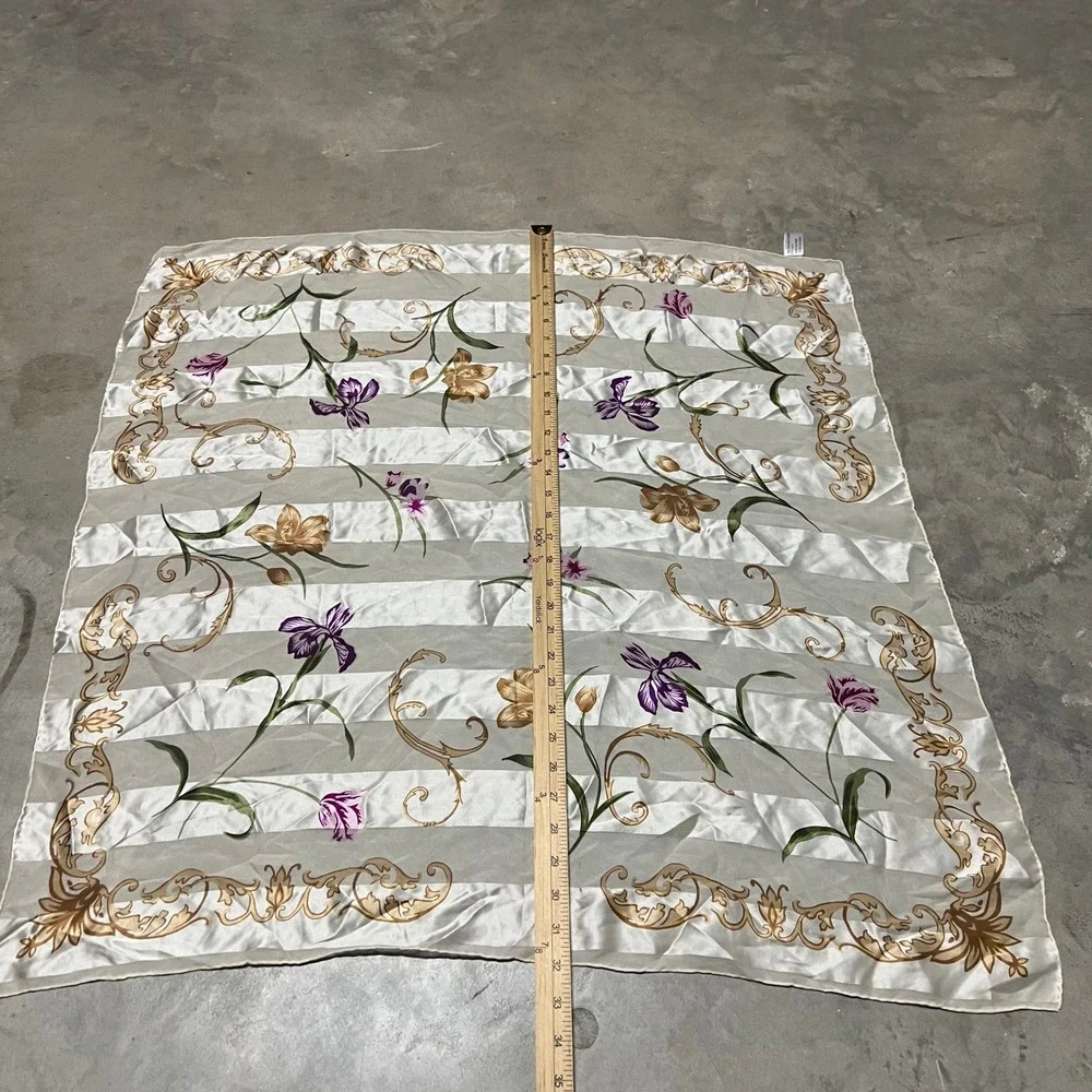 The Specialty House Silk Scarf Square Floral Iris Striped Gold Purple Cream 32in